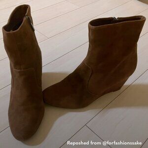 Suede Cognac Ankle Wedge Boots